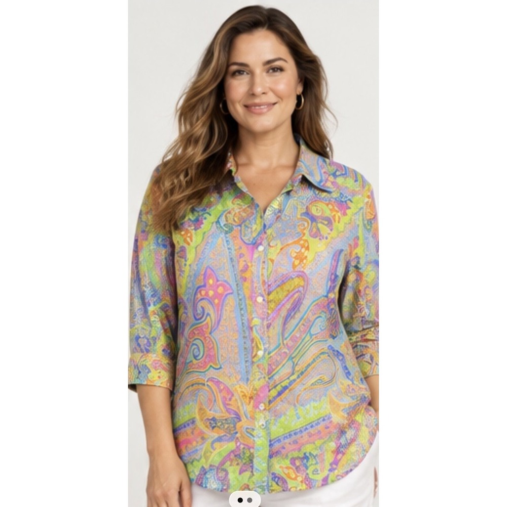 Lauren Ralph Lauren Shirt Womens 1X Plus Multicolor Paisley  Button Up Peasant